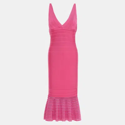 Pre-owned Herve Leger Pink Bandage Knit Midi Dress M