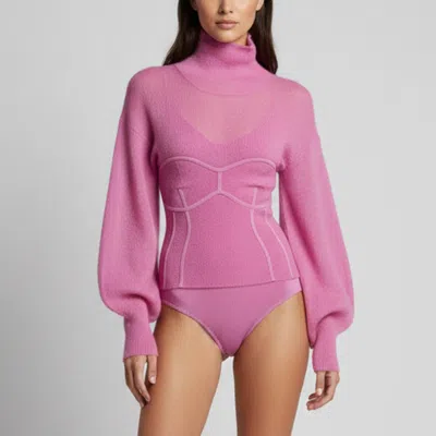 Pre-owned Herve Leger Pink Mohair Paneled Knit Turtleneck Bodysuit Top S
