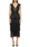 Herve Leger Pleated Tiered Metallic Foil Cocktail Midi Dress In Black Foil
