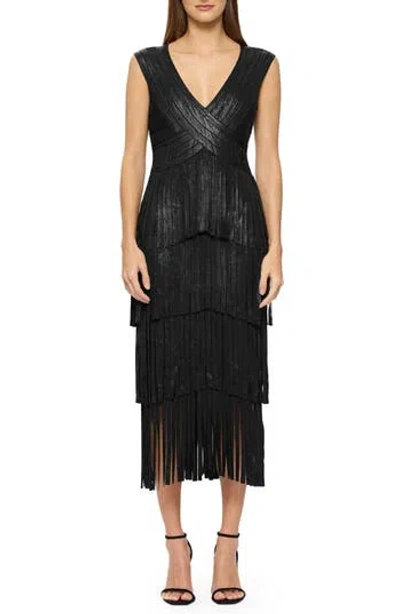 Herve Leger Pleated Tiered Metallic Foil Cocktail Midi Dress In Black Foil