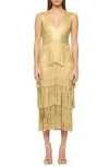 Herve Leger Foiled Bandage Fringe Midi Dress In Gold Foil