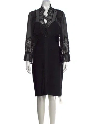 Pre-owned Herve Leger Plunge Neckline Knee-length Dress In Black
