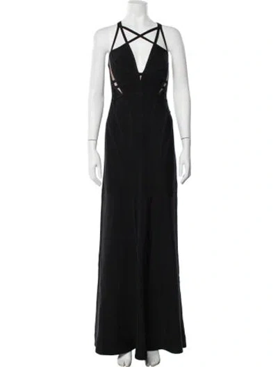 Pre-owned Herve Leger Plunge Neckline Long Dress In Black