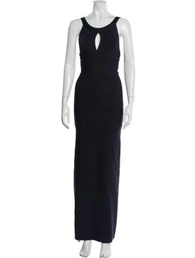 Pre-owned Herve Leger Plunge Neckline Long Dress In Blue