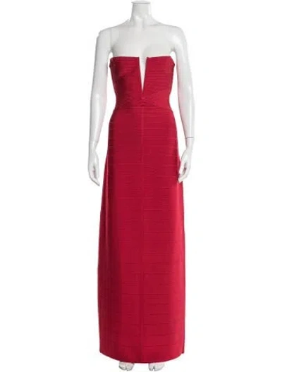 Pre-owned Herve Leger Plunge Neckline Long Dress In Red