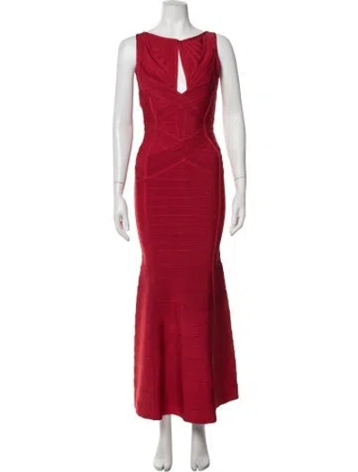 Pre-owned Herve Leger Plunge Neckline Long Dress In Red