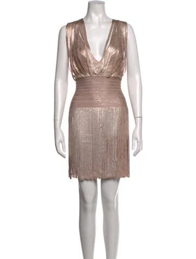 Pre-owned Herve Leger Plunge Neckline Mini Dress In Metallic/pink