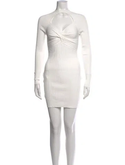 Pre-owned Herve Leger Plunge Neckline Mini Dress In Neutrals/white