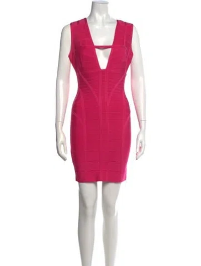 Pre-owned Herve Leger Plunge Neckline Mini Dress In Pink