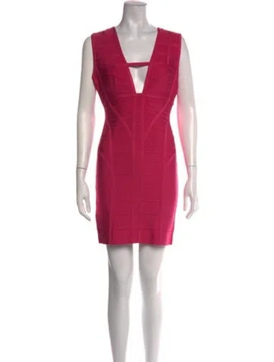 Pre-owned Herve Leger Plunge Neckline Mini Dress In Pink