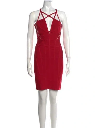 Pre-owned Herve Leger Plunge Neckline Mini Dress In Red