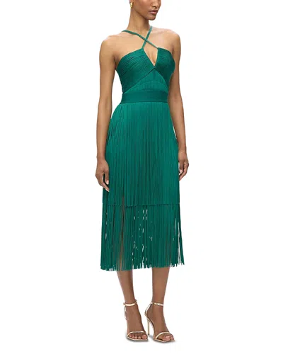 Herve Leger Plunging Strappy Fringe Dress In Pine