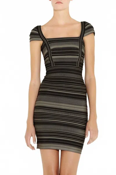 Pre-owned Herve Leger Pre-loved Sandra Bandage Dress In Black And Beige Stripes In Multi
