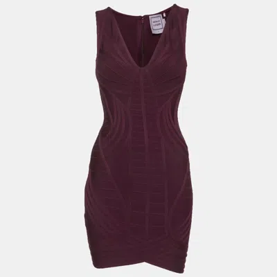 Pre-owned Herve Leger Purple Knit Bandage Zip Up Mini Dress S