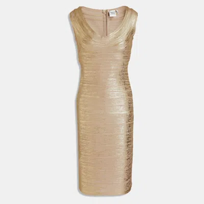 Pre-owned Herve Leger Rayon Knee Length Dress Xl In Gold