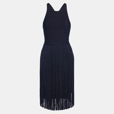Pre-owned Herve Leger Rayon Mini Dress L In Navy Blue