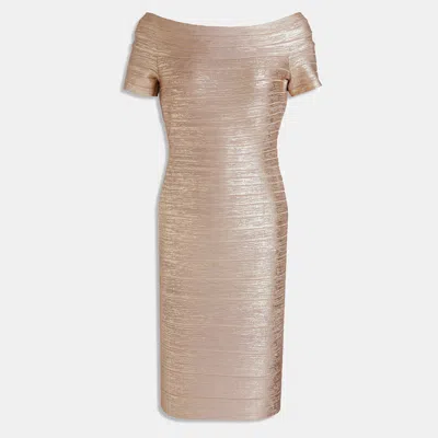Pre-owned Herve Leger Rayon Mini Dress M In Gold