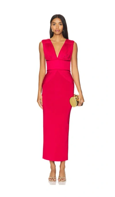 Herve Leger Draped Fringe Plunge Gown In Red