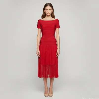 Pre-owned Herve Leger Red Bandage Knit And Lace Off Shoulder Dress S