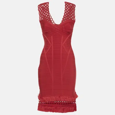 Pre-owned Herve Leger Red Bandage Knit Fringed Bodycon Dress M