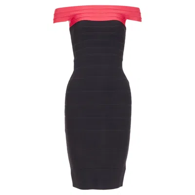 Pre-owned Herve Leger Red Colorblock Off Shoulder Bandage Bodycon Cocktail Dress Xxs In Black