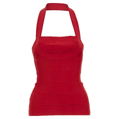 Pre-owned Herve Leger Red Halter Neck Structured Bodycon Bandage Tank Top Xs