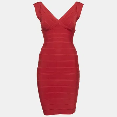 Pre-owned Herve Leger Red Knit Bandage Dress Xs