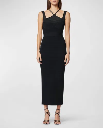 Herve Leger Ribbed Halter Midi Bodycon Dress In Black