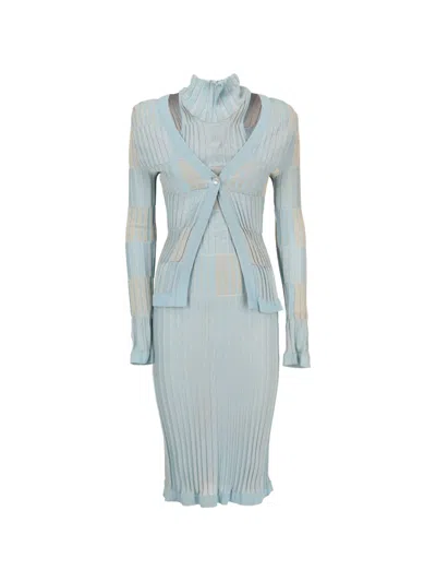 Pre-owned Herve Leger Ribbed-knit Midi Dress And Cardigan Set In Blue
