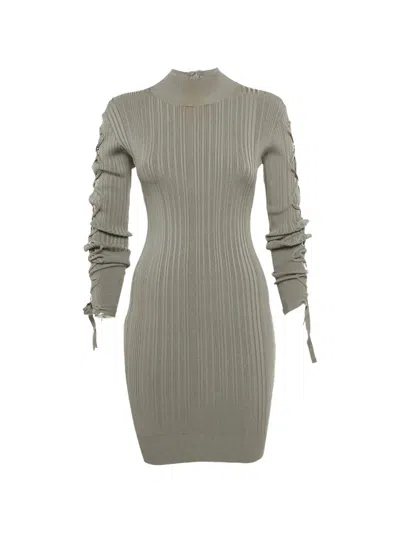 Pre-owned Herve Leger Rib-knit Mini Dress In Gray