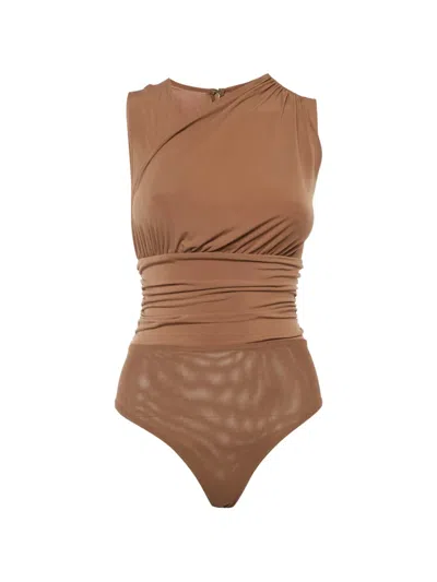 Pre-owned Herve Leger Ruched Bodysuit In Brown