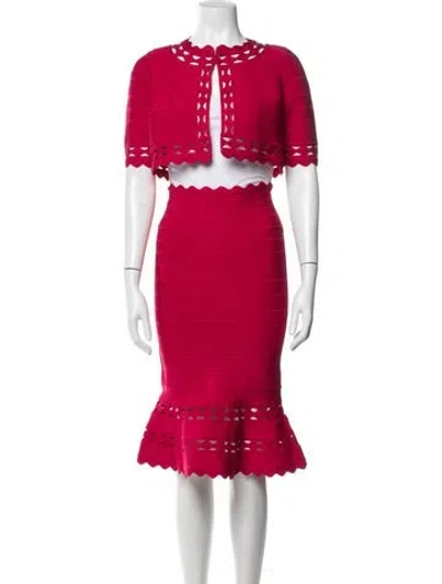 Pre-owned Herve Leger Scalloped Accent Skirt Suit In Red