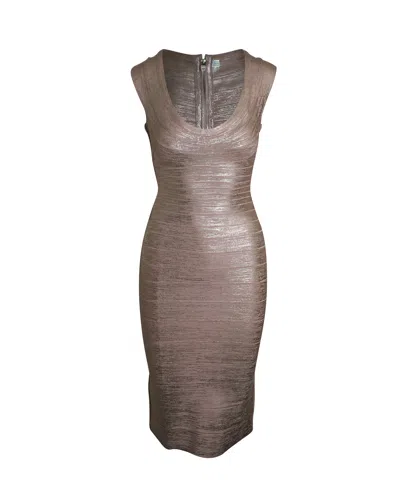 Herve Leger Scoop Neck Bandage Dress In Metallic Rose Gold Rayon In Brown