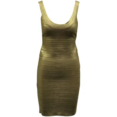 Herve Leger Scoop Neck Bandage Foil Dress In Gold Rayon