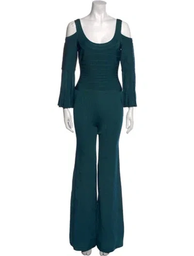 Pre-owned Herve Leger Scoop Neck Jumpsuit In Blue
