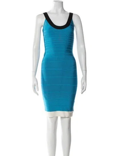 Pre-owned Herve Leger Scoop Neck Knee-length Dress In Blue