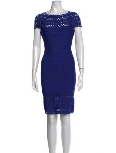 Pre-owned Herve Leger Scoop Neck Knee-length Dress In Blue