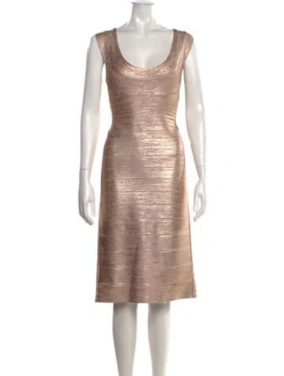 Pre-owned Herve Leger Scoop Neck Knee-length Dress In Metallic/neutrals