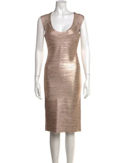 Pre-owned Herve Leger Scoop Neck Knee-length Dress In Metallic/pink