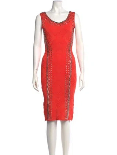 Pre-owned Herve Leger Scoop Neck Knee-length Dress In Orange