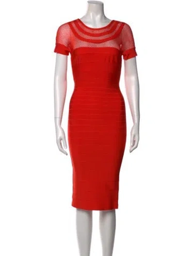 Pre-owned Herve Leger Scoop Neck Knee-length Dress In Red