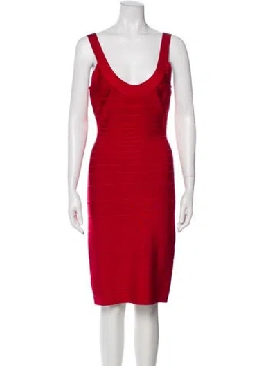 Pre-owned Herve Leger Scoop Neck Knee-length Dress In Red