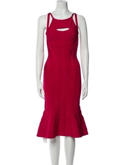 Pre-owned Herve Leger Scoop Neck Knee-length Dress In Red