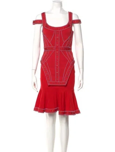Pre-owned Herve Leger Scoop Neck Knee-length Dress In Red