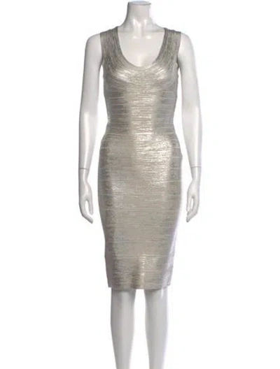 Pre-owned Herve Leger Scoop Neck Knee-length Dress In Silver
