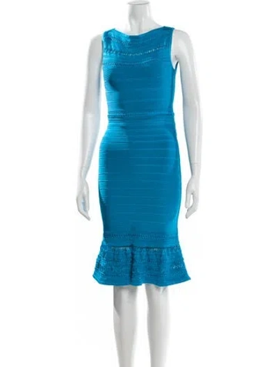 Pre-owned Herve Leger Scoop Neck Knee-length Dress W/ Tags In Blue