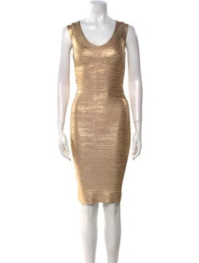 Pre-owned Herve Leger Scoop Neck Knee-length Dress W/ Tags In Gold
