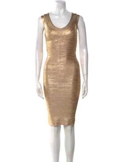 Pre-owned Herve Leger Scoop Neck Knee-length Dress W/ Tags In Gold