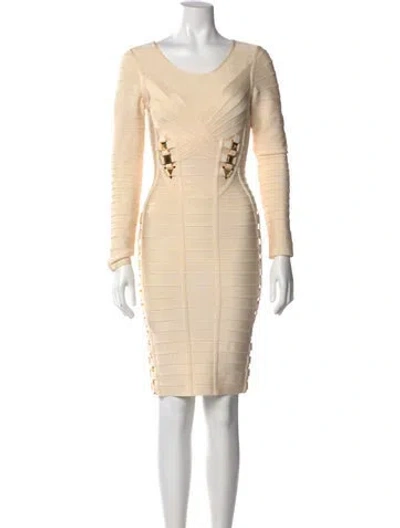 Pre-owned Herve Leger Scoop Neck Knee-length Dress In White