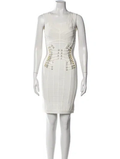 Pre-owned Herve Leger Scoop Neck Knee-length Dress In White